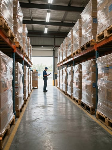 Wide environmental shot of an active warehouse floor, mid-aisle view showing palletized freight in motion under fluorescent facility lighting, bay doors open at far end with natural daylight spilling in, a worker reviewing a clipboard in the middle distance — no posed subjects, no branding visible