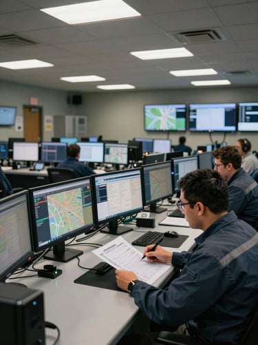 Environmental medium-wide shot of an active dispatch center at 6 a.m. — rows of monitors displaying route maps and load data, two operators in work clothes reviewing a printed cost sheet at a standing desk, fluorescent overhead lighting, industrial ceiling tiles visible, no staged poses