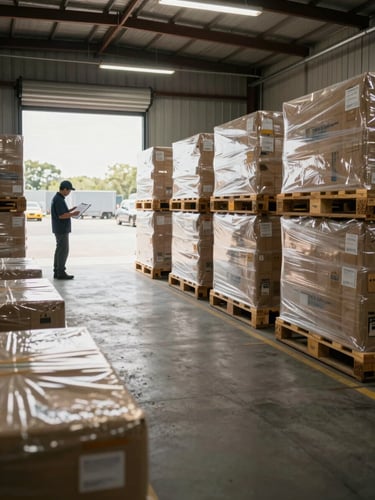 Environmental wide shot of a warehouse floor at mid-morning, pallets of freight staged in organized rows under industrial bay lighting, a worker with a clipboard reviewing a printed route manifest near the dock door, daylight streaming through the open bay