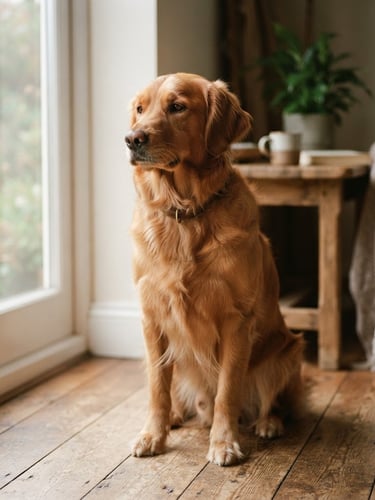 A calm golden retriever sitting peacefully in soft, diffused natural window light, warm editorial photography, shallow depth of field, 35mm