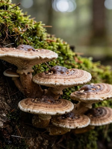 Macro photography of textured reishi mushrooms growing naturally on a mossy tree trunk in a deep forest, soft diffused morning light, earthy forest tones, 35mm