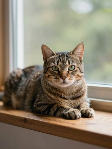 Candid, eye-level portrait of a calm, healthy tabby cat resting on a warm wooden windowsill in soft diffused morning light, shallow depth of field, 35mm.