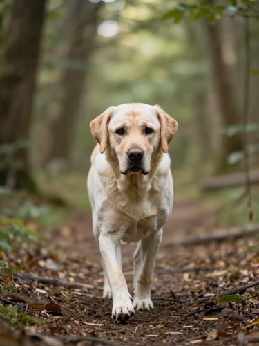 Candid, eye-level portrait of an active older labrador retriever walking through a sunlit forest trail, soft natural light, shallow depth of field, 35mm.