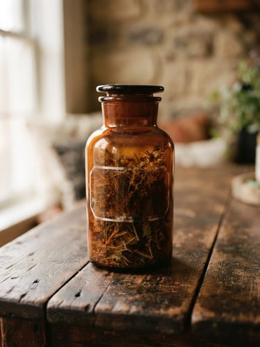 Warm editorial close-up of a dark amber apothecary jar resting on a rustic wooden table, soft natural window light casting gentle shadows, shallow depth of field, 35mm
