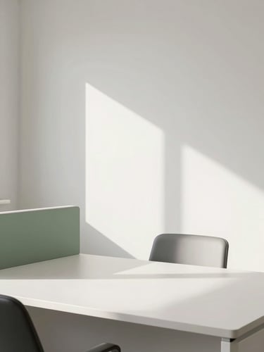 A bright, clean minimalist architectural photograph of an organized modern office desk, natural morning light, neutral tones with sage accents, 35mm