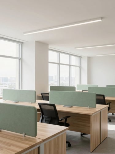 Minimalist architectural photography of a bright modern office workspace with clean wooden desks, green sage accents, daylight pouring through large windows, 35mm