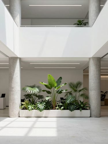 Minimalist architectural photography of a bright, sunlit modern office atrium, concrete pillars, lush green plants, clean lines, 35mm.