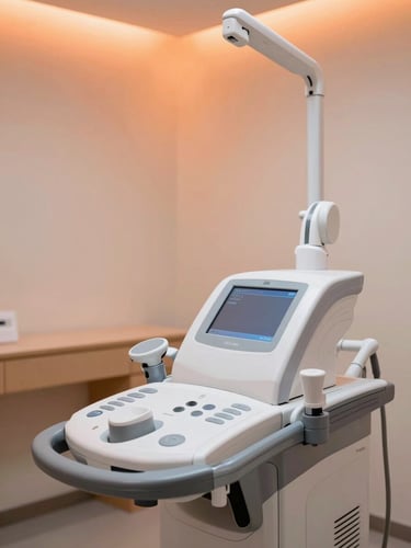 Professional medical resonance machine in a bright clean clinic, soft orange ambient light accents, warm professional atmosphere, 35mm photography