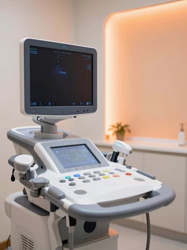 Bright clean clinical studio, a modern ultrasound machine with a soft orange accent light, professional medical setting, 35mm