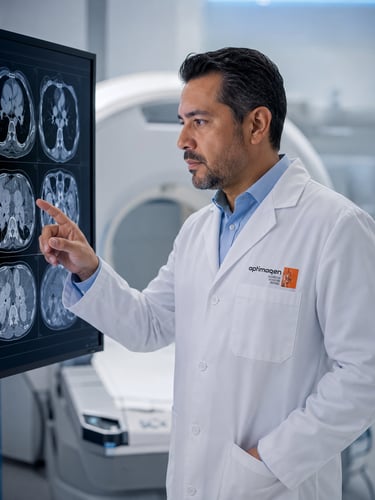 Especialista de Optimagen con bata blanca revisa una tomografía computarizada en una pantalla médica
