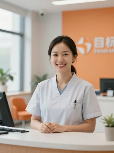 Professional medical receptionist smiling warmly in a bright modern clinic lobby, soft natural light, orange and gray accents, 35mm