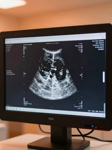 A close-up of a high-resolution medical imaging screen displaying clear diagnostic results, warm orange ambient lighting in a professional laboratory, 35mm