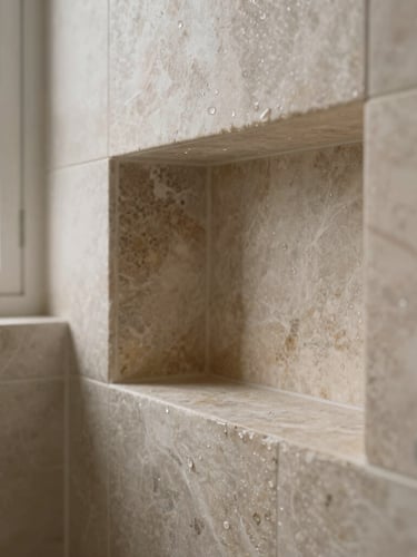 Tight tactile detail shot of a custom stone shower niche, flawless tile alignment, water droplets on natural stone, soft natural window light, muted earthy tones, sharp focus