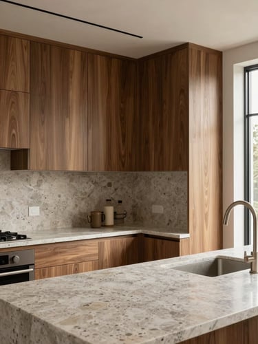 Portrait architectural photograph of a high-end kitchen corner, grain-matched walnut cabinets, soft natural daylight, travertine stone countertop, 35mm lens, sharp focus