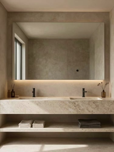 Straight-on architectural elevation of a luxurious minimalist bathroom with a custom floating travertine vanity, soft natural daylight streaming through a side window, warm earthy tones, 35mm lens, sharp focus