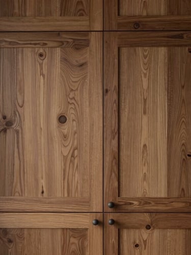Straight-on architectural detail shot of finished kitchen cabinetry, perfect grain matching on dark oak wood, natural soft daylight streaming from the left, muted earthy tones, sharp focus