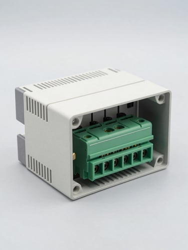 Sharp technical studio photography of a variable frequency drive internal terminal block, bright neutral high-key lighting, gray background, 50mm