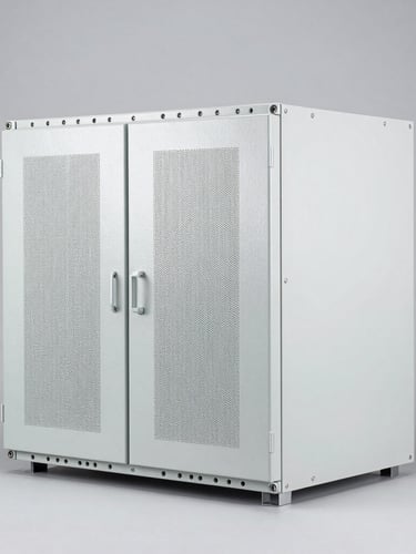 Sharp straight-on industrial product photography of a heavy-duty variable frequency drive cabinet, bright neutral studio lighting, clean gray background, 50mm
