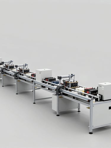 Wide-angle technical photograph of a clean, brightly lit industrial factory floor, automated assembly lines for electrical components, neutral daylight, sharp details