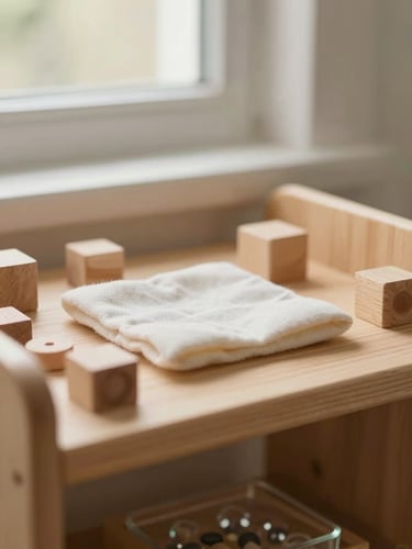 Close-up of a child-sized wooden shelf with small sensory objects — smooth wooden blocks, a soft fabric square, a glass bead tray — bathed in soft north-facing window light, warm diffused indoor glow, shallow depth of field, quiet and orderly