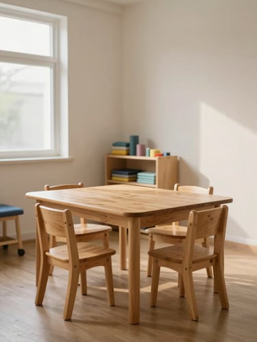 Wide environmental shot of a small therapy room interior — a low wooden table, two child-height chairs, a shelf with organised materials, soft diffused daylight from a side window casting gentle shadows on a pale wall, no people, calm and ordered