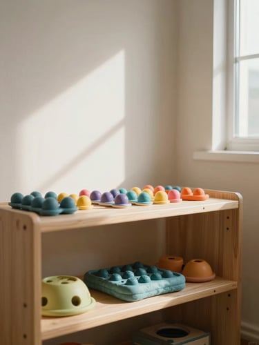 Close-up environmental shot at child height inside a therapy room — a low wooden shelf with soft sensory objects arranged neatly, natural light from a side window casting gentle shadows on the wall, warm neutral tones, no people