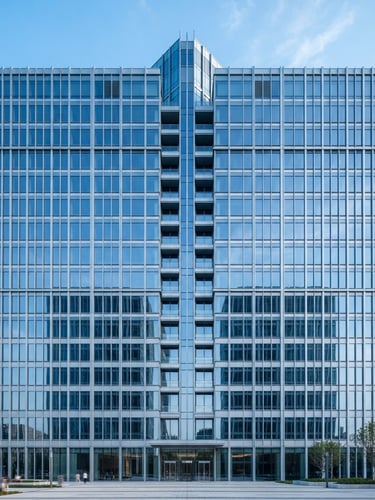 Symmetrical architectural shot of a modern glass office building facade with sharp geometric lines, cool blue daylight, 35mm