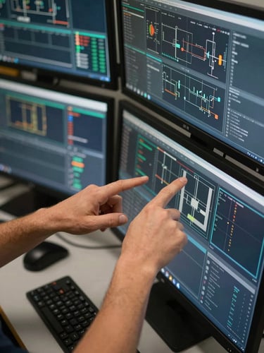 Close-up overhead shot of a technician's hands pointing at a multi-panel operations dashboard on wide monitors, real infrastructure data visible on screens, professional studio lighting, no faces