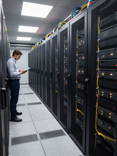 Wide-angle view inside a working data center corridor, rows of illuminated server racks receding into the background, a single engineer in a collared shirt studying a tablet in the left foreground, natural overhead lighting, cables visible in organized bundles, no dramatic color grading