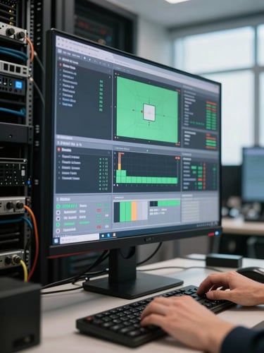 Close-up of a live monitoring dashboard on a large display inside a data center, cables and rack equipment visible at left edge, natural office daylight entering from right, team member's hand resting on keyboard in foreground