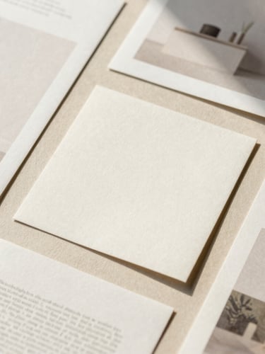 Flat-lay composition of physical marketing collateral, editorial print layouts on warm textured paper, soft natural shadows, minimalist aesthetic