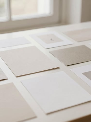 A flat-lay composition of physical marketing collateral, clean editorial layouts, soft natural window light, warm desaturated tones.