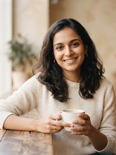 A professional, relaxed portrait of Nidhi Soni in soft, diffused natural daylight, warm cream tones, shallow depth of field, minimalist editorial style.