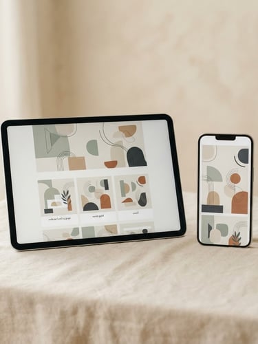 Clean digital mockup of a multi-channel marketing campaign displayed on a tablet and smartphone, soft diffused natural daylight, warm cream background, minimalist layout