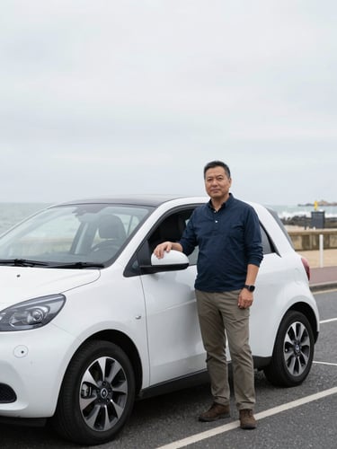 A professional driver in smart-casual attire standing next to a clean modern vehicle on a bright overcast Southsea street, 35mm photography