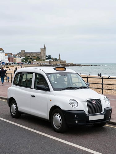 Clean modern hybrid taxi parked near the Southsea seafront with the historic Portsmouth coastline in the background, bright overcast coastal light, realistic local street scenes, sharp focus, 35mm