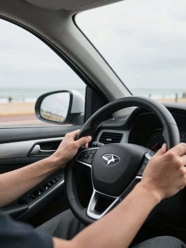 Close-up of a driver's hands on a steering wheel of a clean modern car, soft coastal overcast light filtering through the windshield, Southsea seafront visible in background