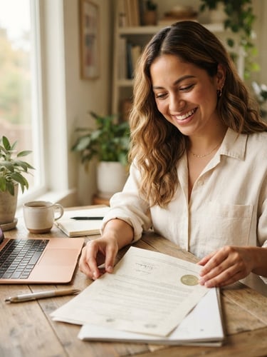 Una persona sonriendo y relajada, revisando documentos en un escritorio ordenado con luz natural cálida, un portátil abierto y papeles oficiales. Enfoque en las manos y la expresión de alivio.