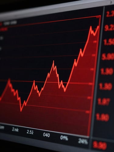 Extreme close-up of a high-contrast digital interface displaying red data charts, harsh directional light, deep shadows, minimalist composition.