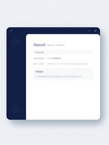 Minimalist software UI render showing structured legal document fields, bright clean studio light, corporate navy and white tones, sharp focus, no people.
