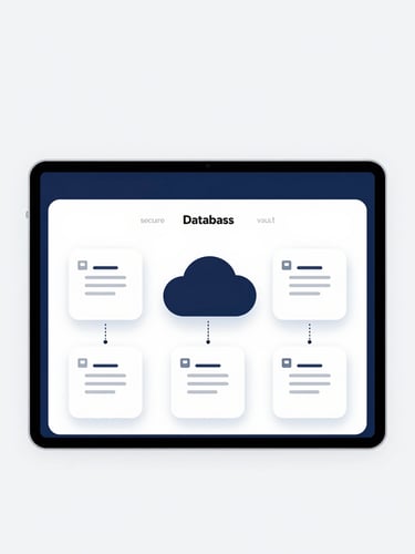 Minimalist software UI render showing secure cloud database connections and encrypted document vaults, clean studio lighting, corporate navy and white tones