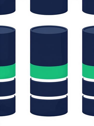High-contrast security architecture diagram showing isolated database containers, clean lines, corporate navy and emerald green accents