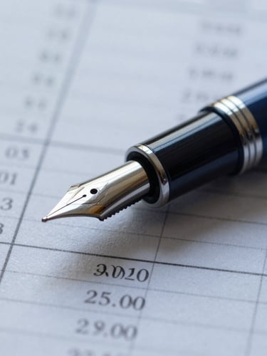 Macro shot of a high-end fountain pen resting on structured financial ledger papers, cool diffused daylight, deep navy tones, sharp focus.
