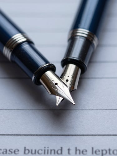 Macro close-up of a high-end fountain pen resting on a structured financial contract, cool diffused daylight, deep navy and slate tones, sharp focus, 50mm lens