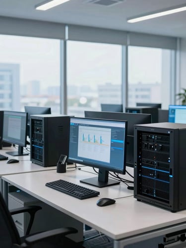 Professional corporate photography of a modern Noida IT workspace, cool office daylight with subtle blue accents, clean server racks and monitors in sharp focus, 50mm