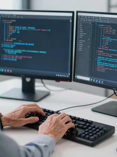 Close-up of a senior engineer's hands typing code on a mechanical keyboard, dual monitors displaying network architecture diagrams with subtle blue ambient light, sharp focus