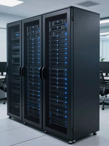 Clean organized server racks with subtle blue LED diagnostic lights in a secure Noida server room, cool-toned professional corporate photography