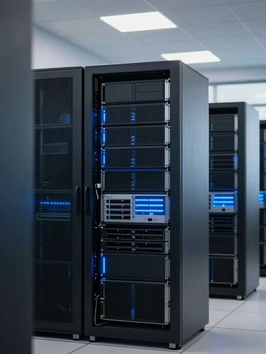 A clean modern server room with organized blue-lit server racks, sharp focus, cool office daylight, professional corporate photography