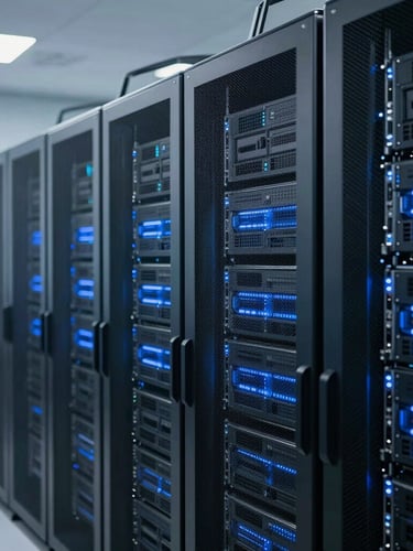 Medium close-up of organized blue-lit server racks inside a modern Noida data center, cool-toned office daylight, sharp focus, 50mm