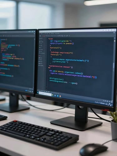 Close-up of secure code on dual monitors in a cool-toned Noida office space, subtle blue ambient light, professional corporate photography, 50mm
